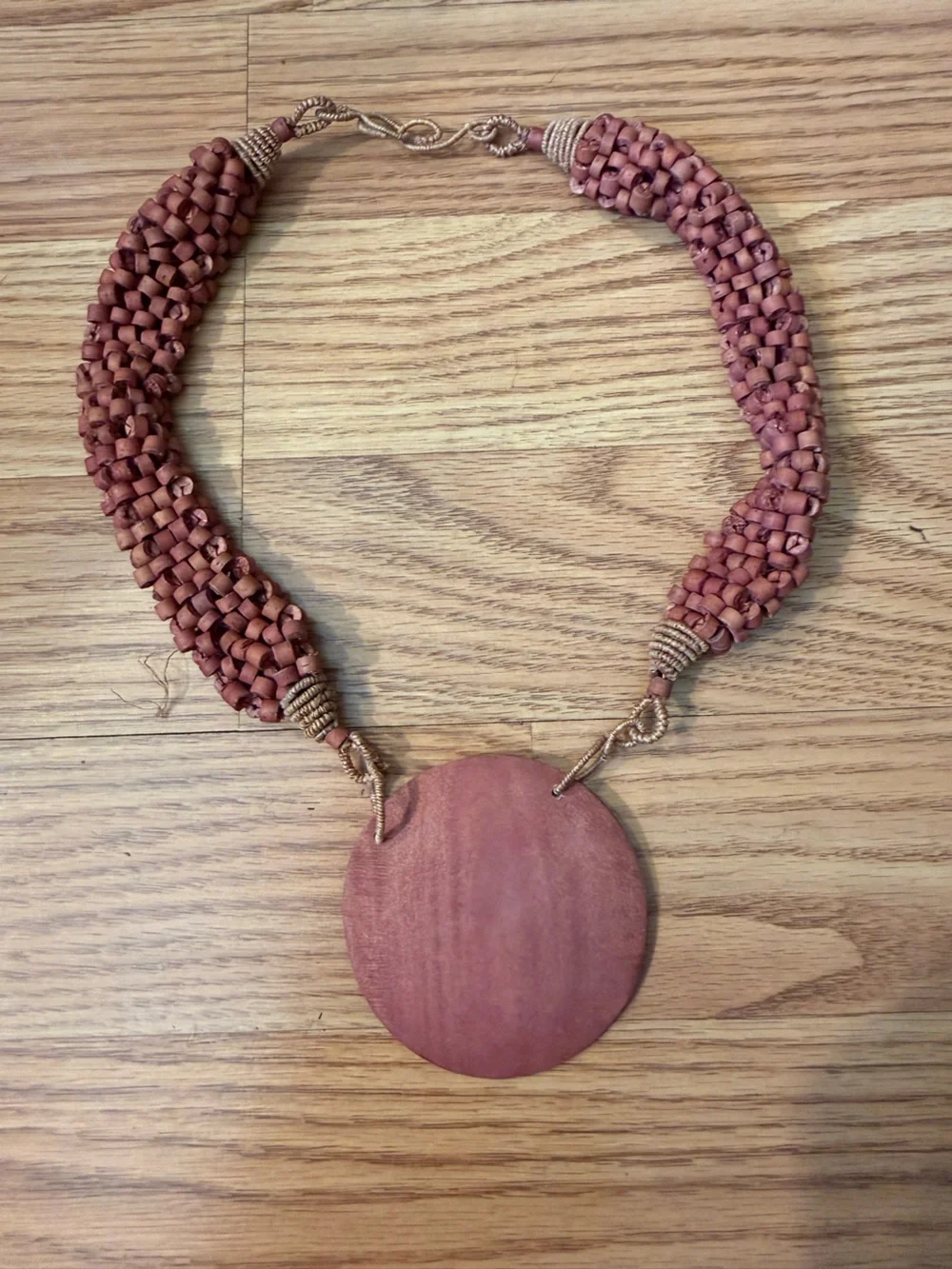Handmade natural all wooden bead and pendent necklace with wire @ jute clasp.